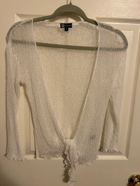 Tatami Sheer White Knit Tie-Front Kbit Cardigan one Size